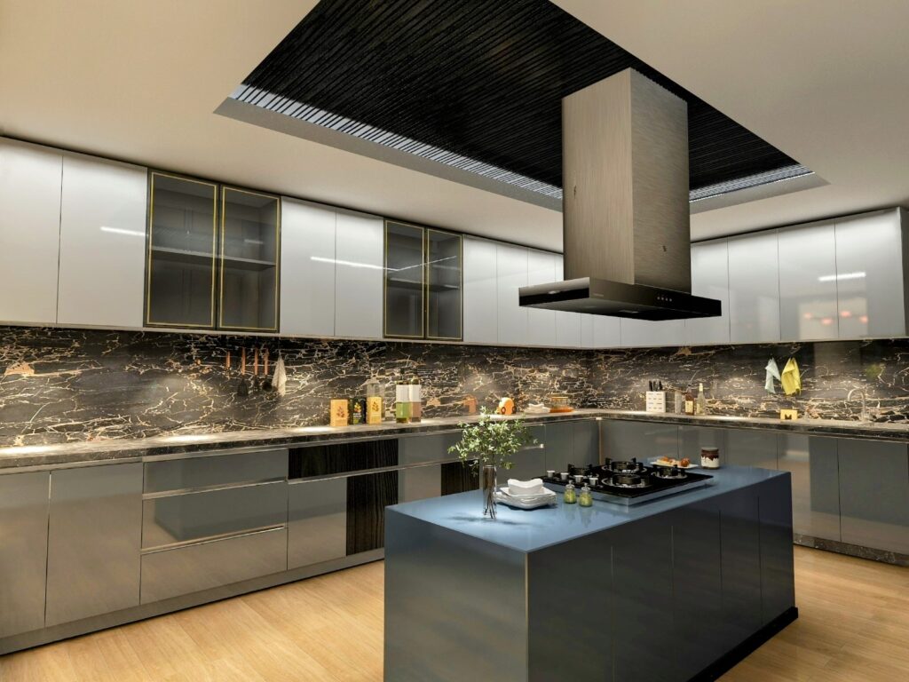 Modern modular kitchen design with sleek cabinets and integrated appliances