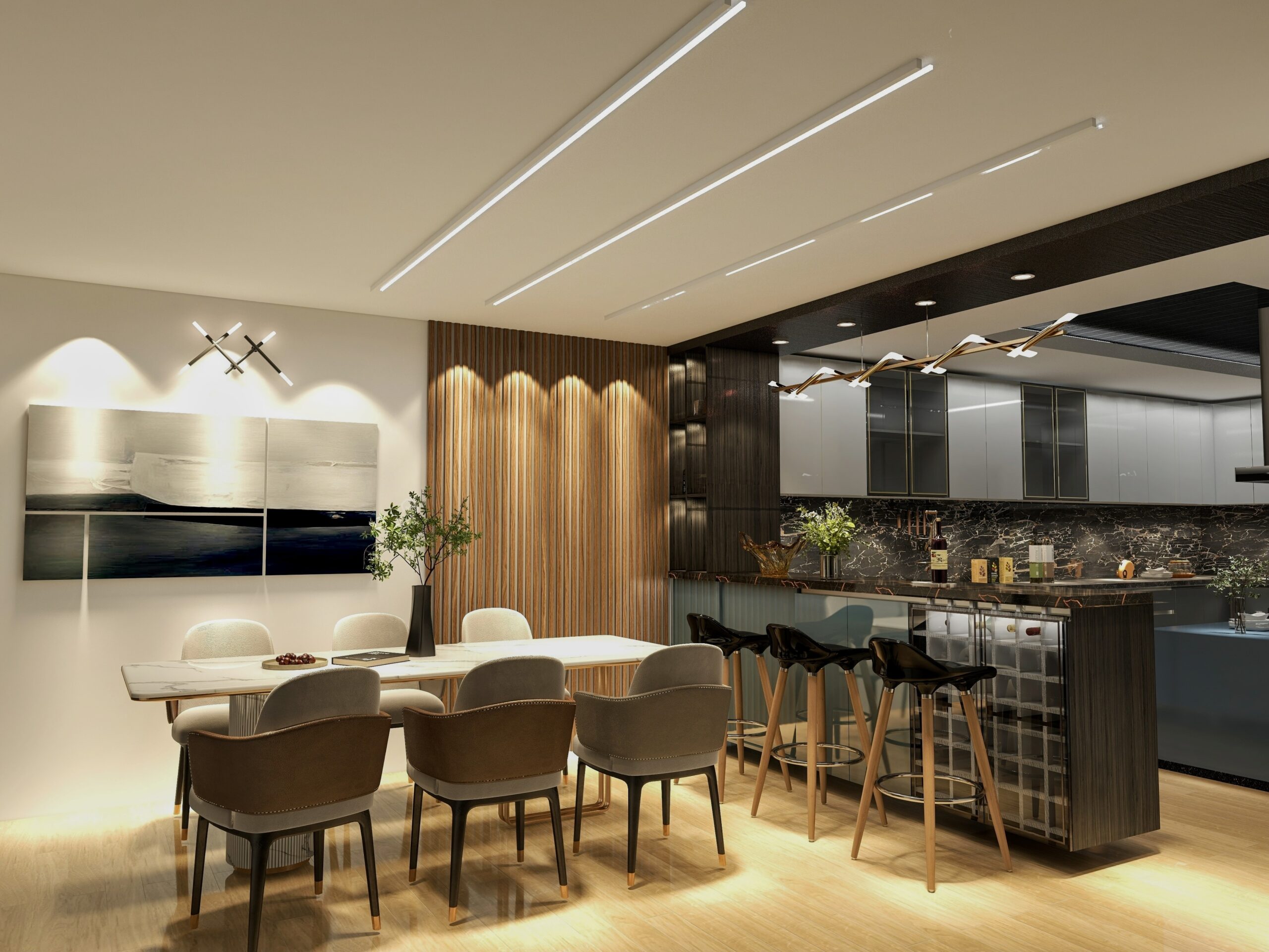 Modern modular kitchen with sleek design and ample storage.