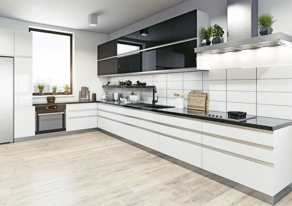 Customized shelves and cabinets in a modular kitchen in Greater Noida