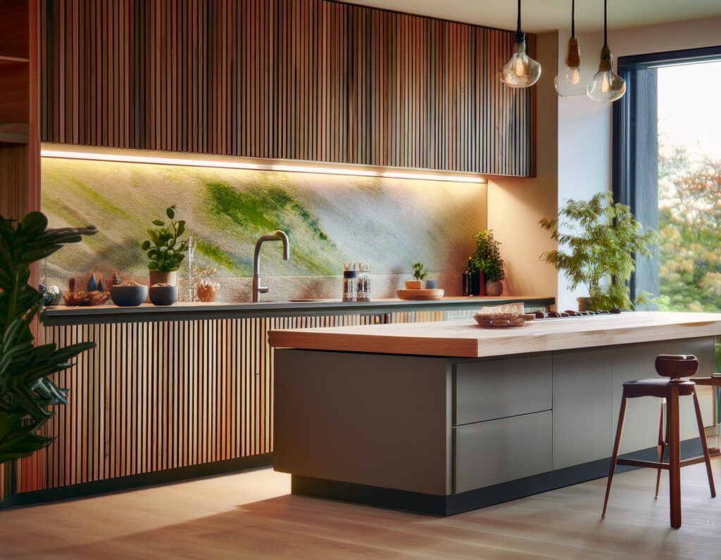 Eco-friendly modular kitchen with bamboo cabinets, energy-efficient lighting, and recycled glass countertops, featuring natural textures and smart storage solutions.